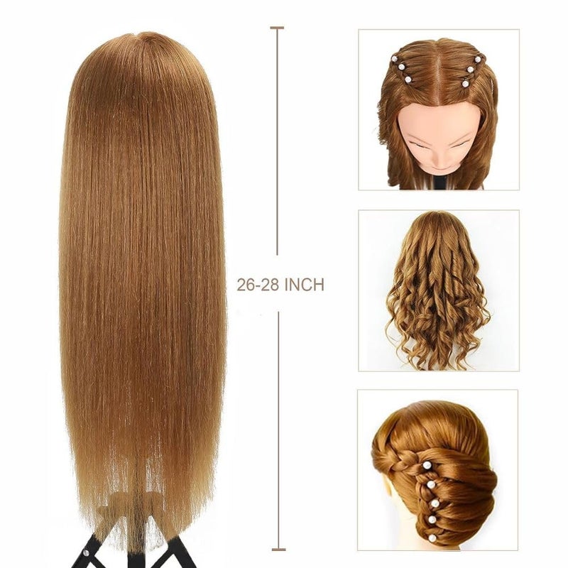Opini Mannequin Head with 80% Human Hair Cosmetology Mannequin Head Doll Head for Hair and Makeup Practice Head (#27 Brown No Makeup) - Image 3